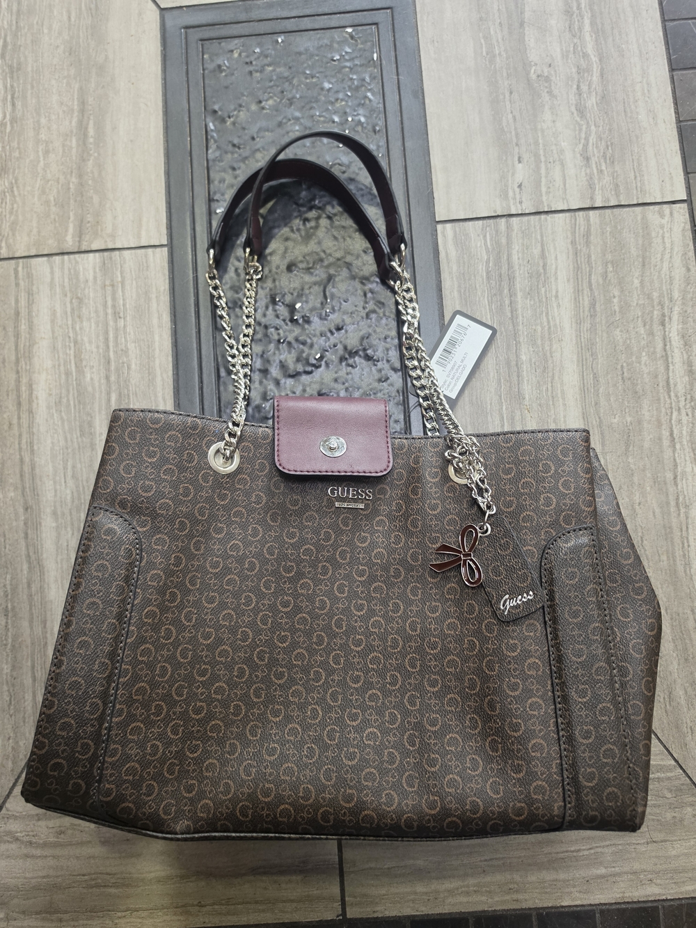 GUESS Brown Monogram Tote with Burgundy Accent